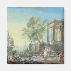 Imán Escena del puerto con el sol poniente (aceite en