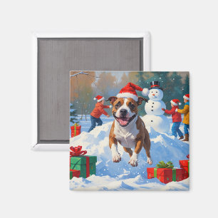 Imán Escena festiva de Navidad con Bull Terrier en la n