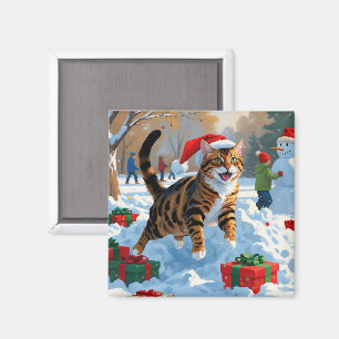 Imán Escena festiva de Navidad con gato bengalí en la n