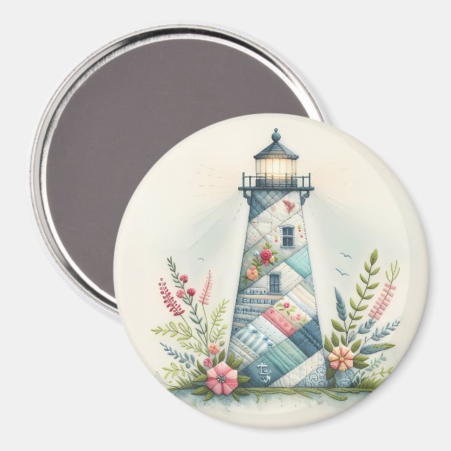 Imán Escena floral costera del faro de patchwork (Anverso/Reverso)