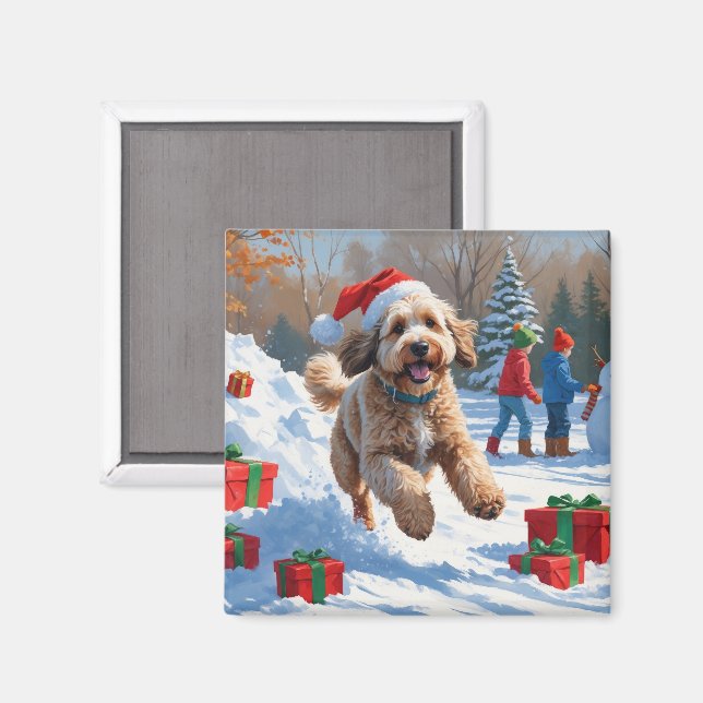 Imán Escena navideña festiva de Bernedoodle en la nieve (Anverso/Reverso)