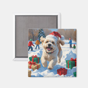 Imán Escena Navideña Festiva de Nieve con Bichon Frise