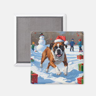 Imán Escena Navideña Festiva de Nieve con Boxer