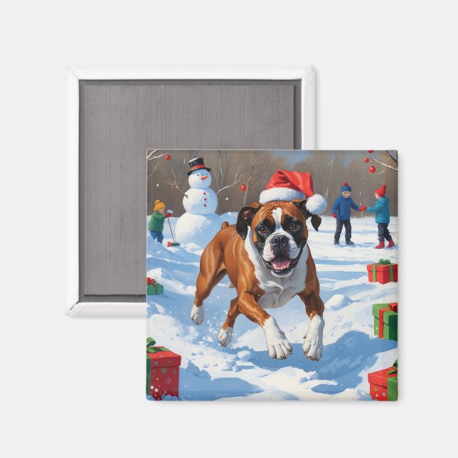 Imán Escena Navideña Festiva de Nieve con Boxer (Anverso/Reverso)