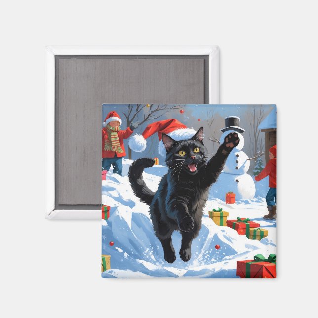 Imán Escena nevada festiva de Navidad con gato negro (Anverso/Reverso)