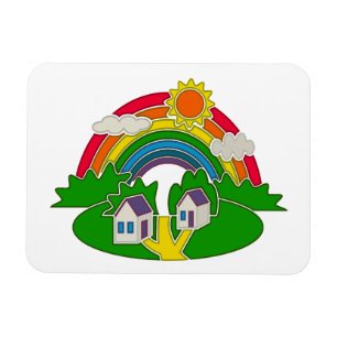 Imán Escena rural personalizado con arcoiris y casa de 