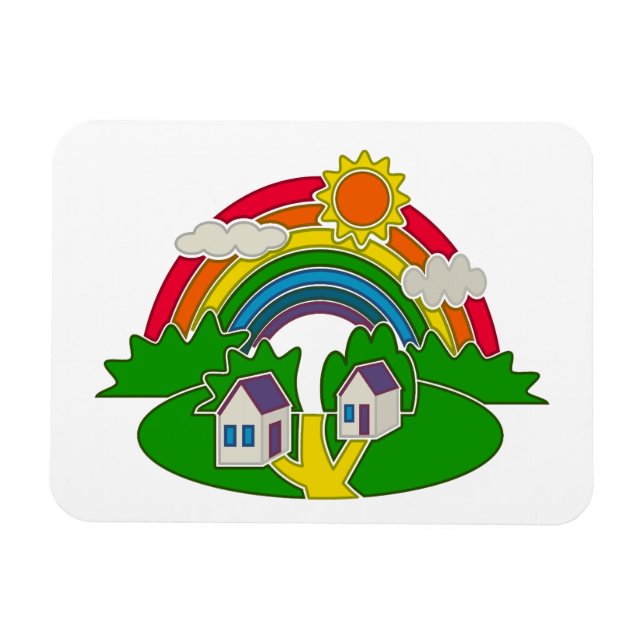 Imán Escena rural personalizado con arcoiris y casa de  (Horizontal)