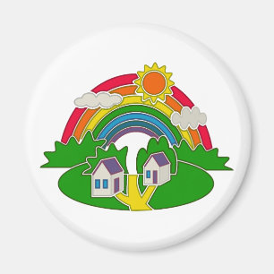 Imán Escena rural personalizado con arcoiris y casa de