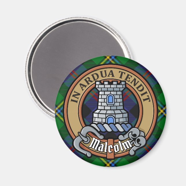 Imán Escudo de Clan Malcolm sobre tartán (Anverso/Reverso)