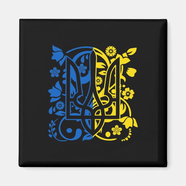Imán Escudo de Ucrania Floral Tridente Ucraniano  (Frente)