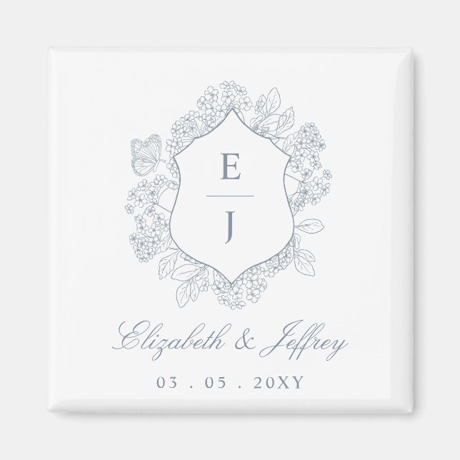 Imán Escudo Floral azul turbio Monograma Boda (Frente)