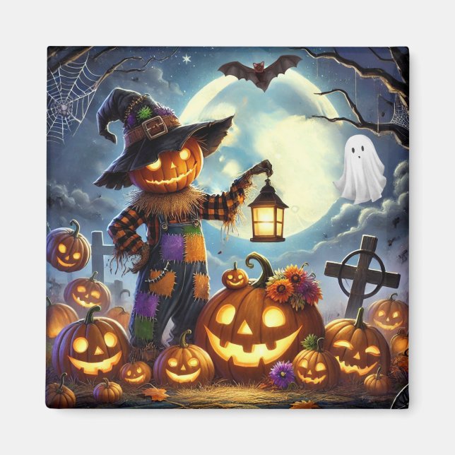 Imán Espantapájaros y calabazas de Halloween (Frente)