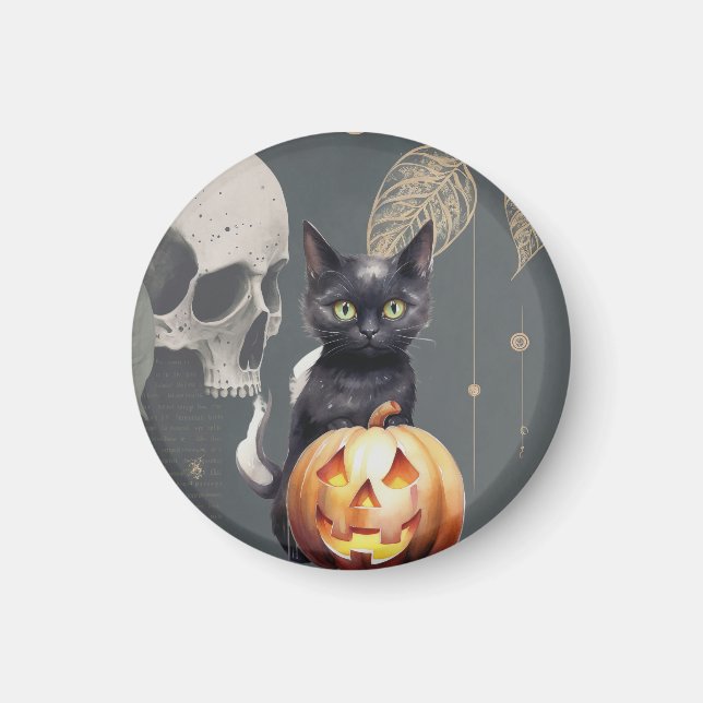 Imán espeluznante de Halloween con gato negro (Frente)