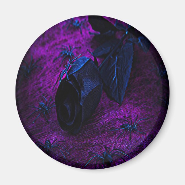 Imán Espeluznante Rosa de material negro, arañas negras (Frente)