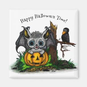 Imán Esperando Halloween , Cute Bat y Raven