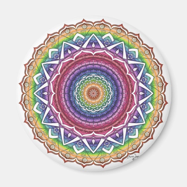 Imán Espiral arcoiris y flor geométrica Mandala (Frente)
