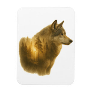 Imán Espíritu de Lobo Dorado – Arte de Doble Exposición