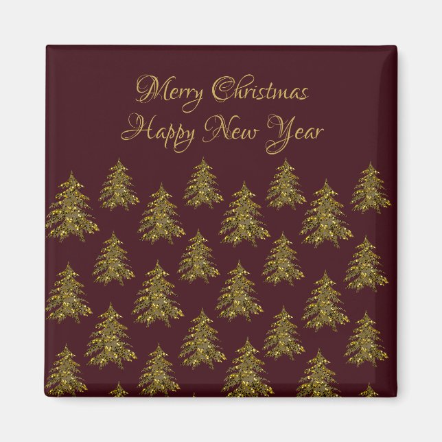 Imán Espumoso árbol de Navidad dorado en Navidades rojo (Frente)