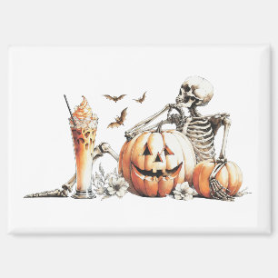 Imán Esqueleto con calabaza y bebida. Halloween.