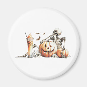 Imán Esqueleto con calabaza y bebida. Halloween.