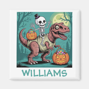 Imán Esqueleto de Halloween Personalizado Montando Dino