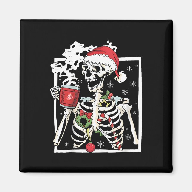 Imán Esqueleto de Navidad con cráneo sonriente bebiendo (Frente)