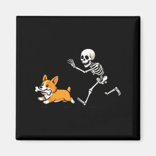 Imán Esqueleto Divertido Persiguiendo Corgi Halloween P