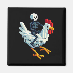 Imán Esqueleto montando pollo estilo bloque arte pixel 