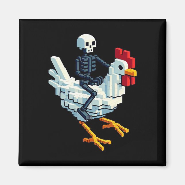 Imán Esqueleto montando pollo estilo bloque arte pixel  (Frente)