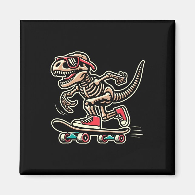 Imán Esqueleto Retro T-rex Dinosaurio Skateboarding Niñ (Frente)