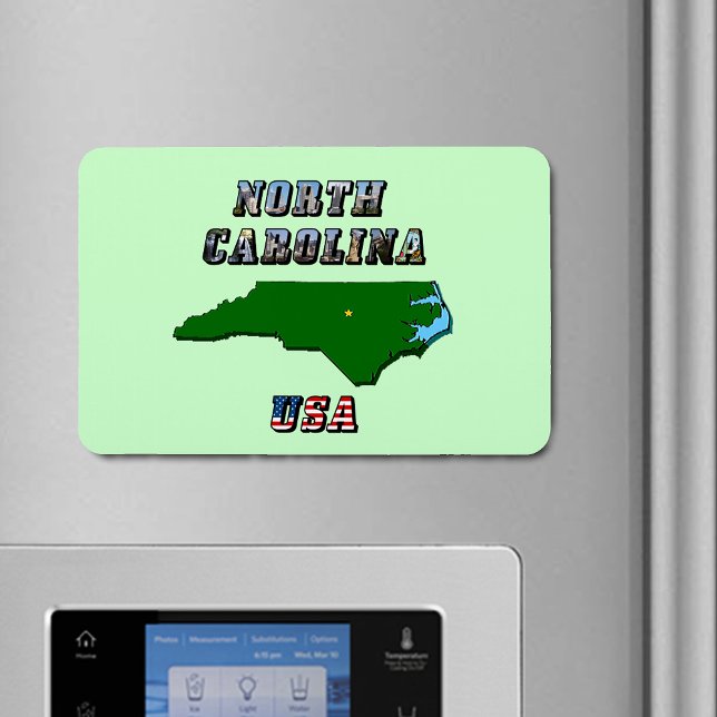 Imán Esquema del mapa de Carolina del Norte, foto y tex (North Carolina Map, Photo & US Flag Text Flexible Magnet)