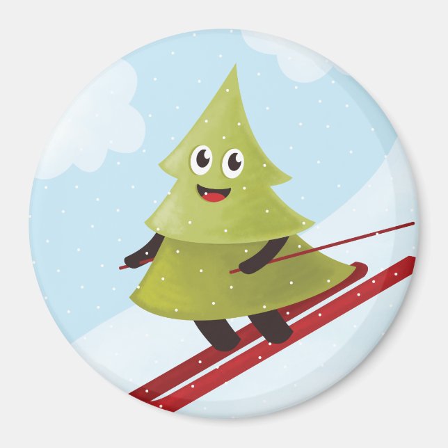 Imán Esquí de Pino Árbol Cute Nieve Deportiva Invierno (Frente)