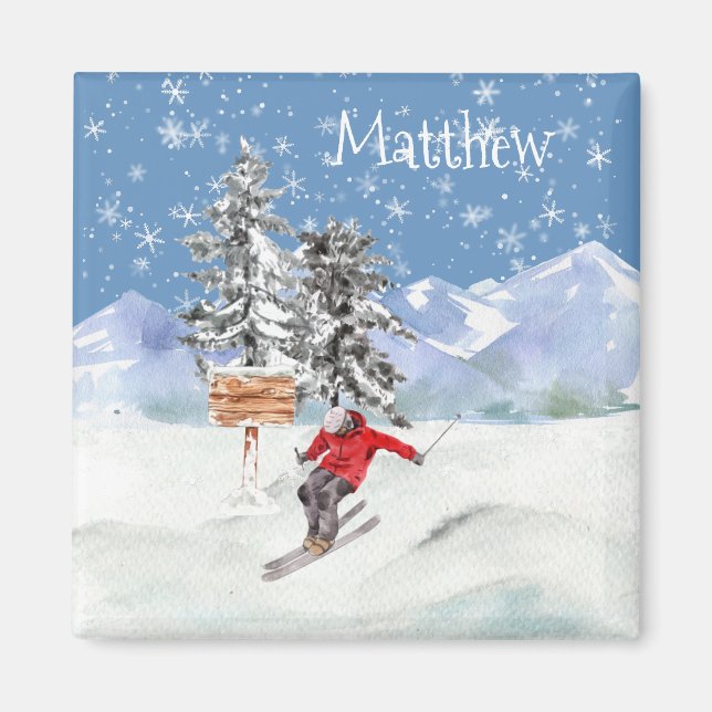 Imán Esquí Nieve personalizada acuarela (Frente)