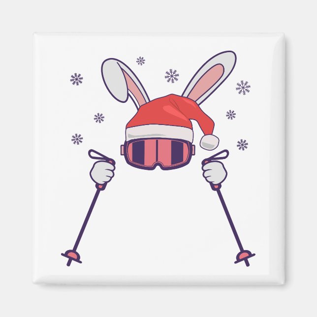Imán Esquiando Santa Rabbit con Santa Hat y los postes  (Frente)