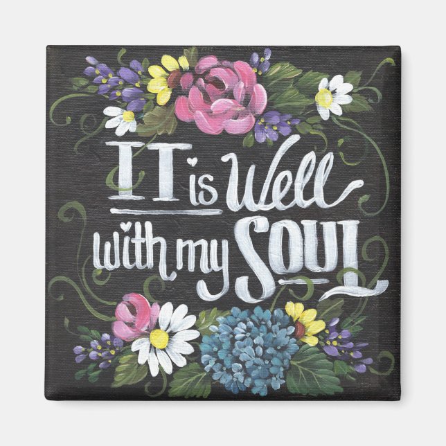Imán "Está bien" 2" Black Floral Square Magnet (Frente)