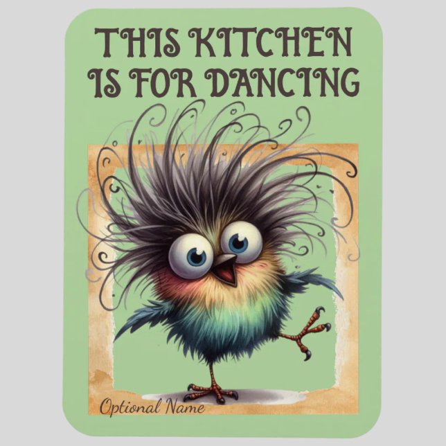 IMÁN ESTA COCINA ES PARA BAILAR (THIS KITCHEN IS FOR DANCING MAGNET.  CUTE DANCING BIRD GRAPHIC.)