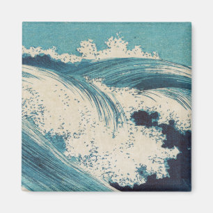 Imán Estampa antigua de olas del océano azul en bloque