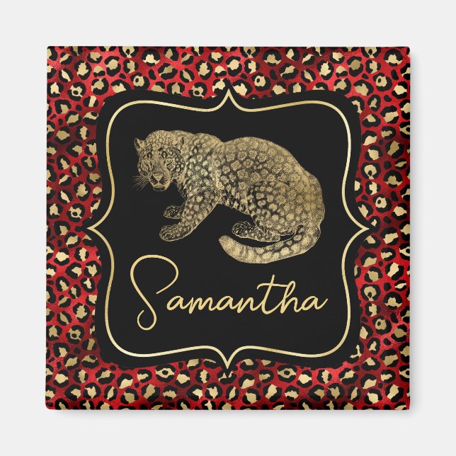 Imán Estampado de leopardo dorado y leopardo rojo (Frente)