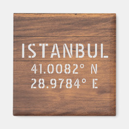Imán Estanbul Latitude y madera oscura de longitud