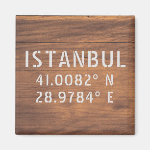 Imán Estanbul Latitude y madera oscura de longitud