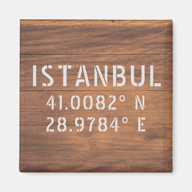 Imán Estanbul Latitude y madera oscura de longitud (Frente)