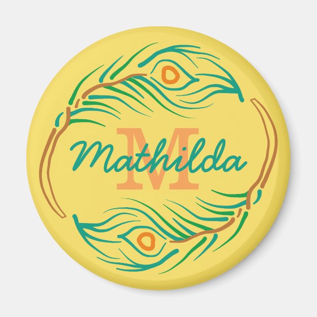 Imán Esténcil monograma de pluma de pavo real Art Deco (Frente)