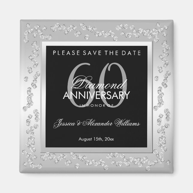 Imán Estilo Diamantes de Plata 60 Aniversario de Boda (Frente)