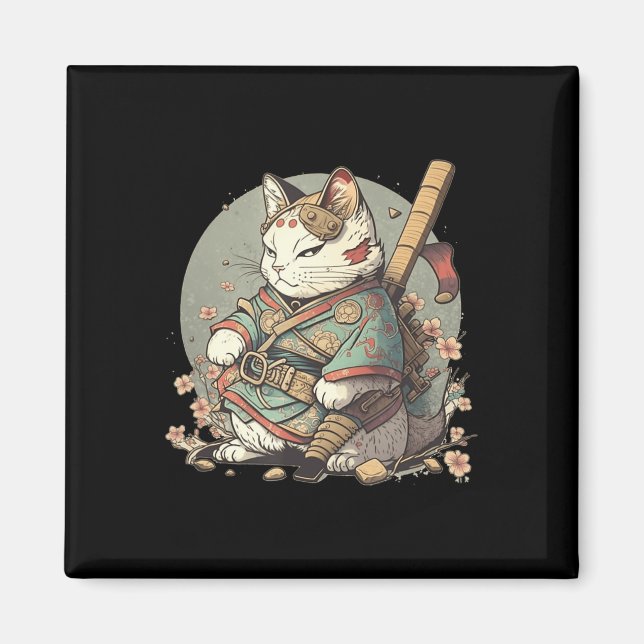 Imán Estilo Gato Kawaii Samurai Anime Kitten Japonés (Frente)