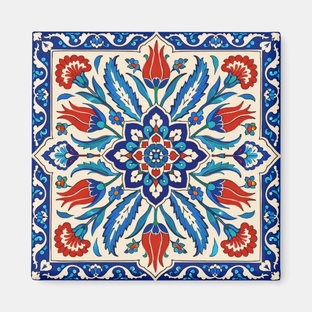 Imán Estilo Otomano Patrón Tulipán Azul Rojo (Frente)