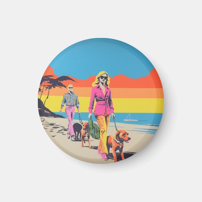 Imán estilo popart, paseo de perro en la playa (Frente)