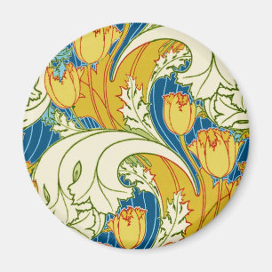 Imán Estilo William Morris Tulipán Floral Teal y Dorado