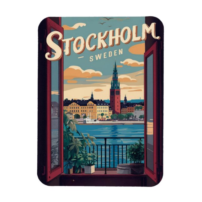 Imán estocolmo sweden travel vintage balcón view gifts (Vertical)