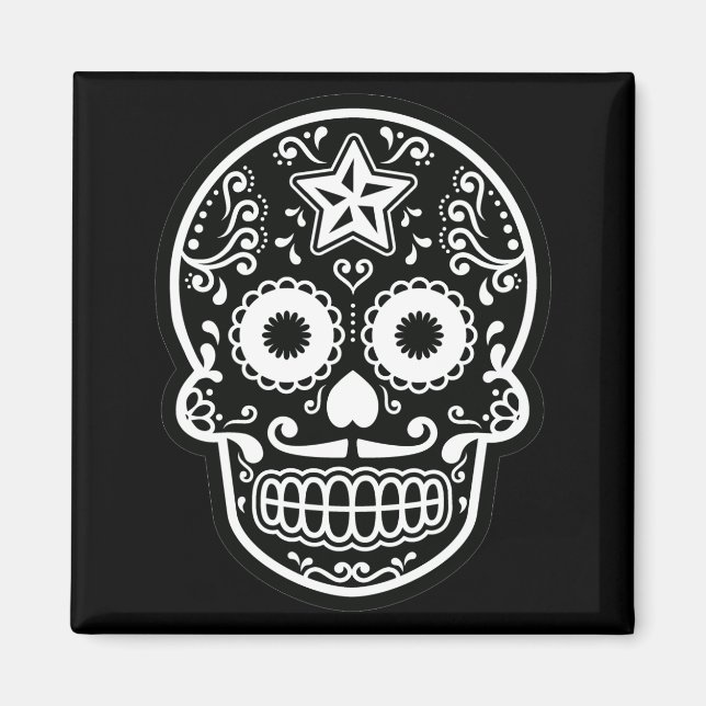 Imán Estrella de cráneo de azúcar negro y blanco (Frente)