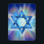 Imán Estrella radiante de David<br><div class="desc">Estrella de David con la letra hebrea Shin en el centro con coloridos rayos de luz por detrás.</div>